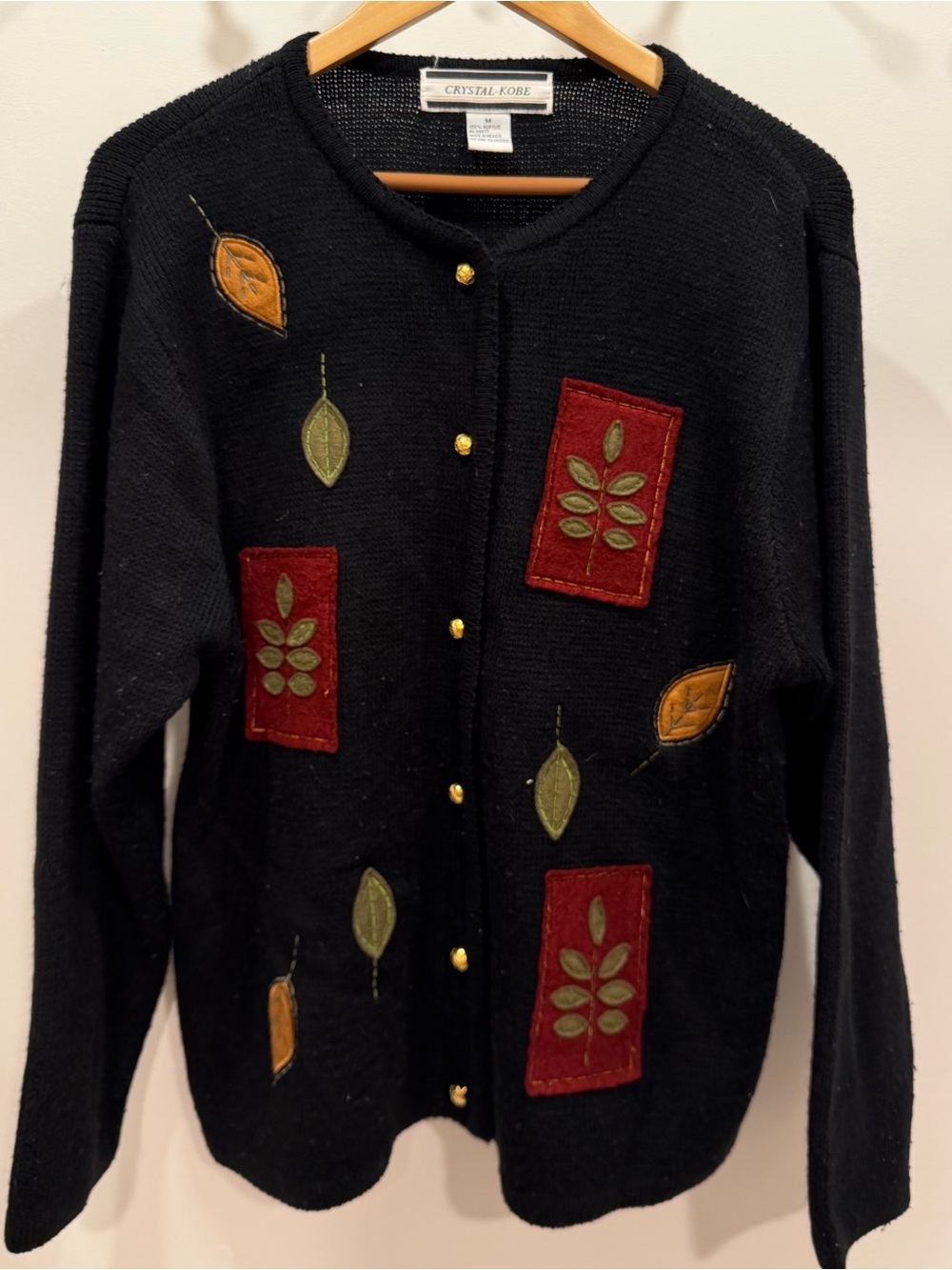 Vintage Cottagecore Crystal Kobe Sweater Womens Black Fall Leaves, Medium